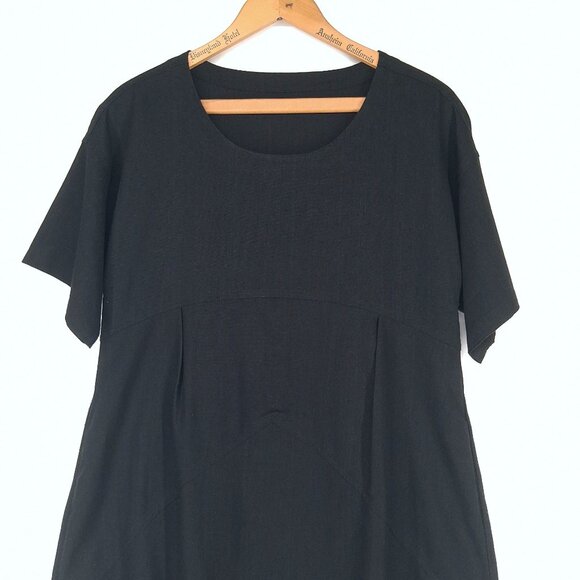 Black Linen Blend  Dress Barrel Tulip Skirt Short Sleeve Scoop Neck Pockets SZ M - Picture 3 of 13